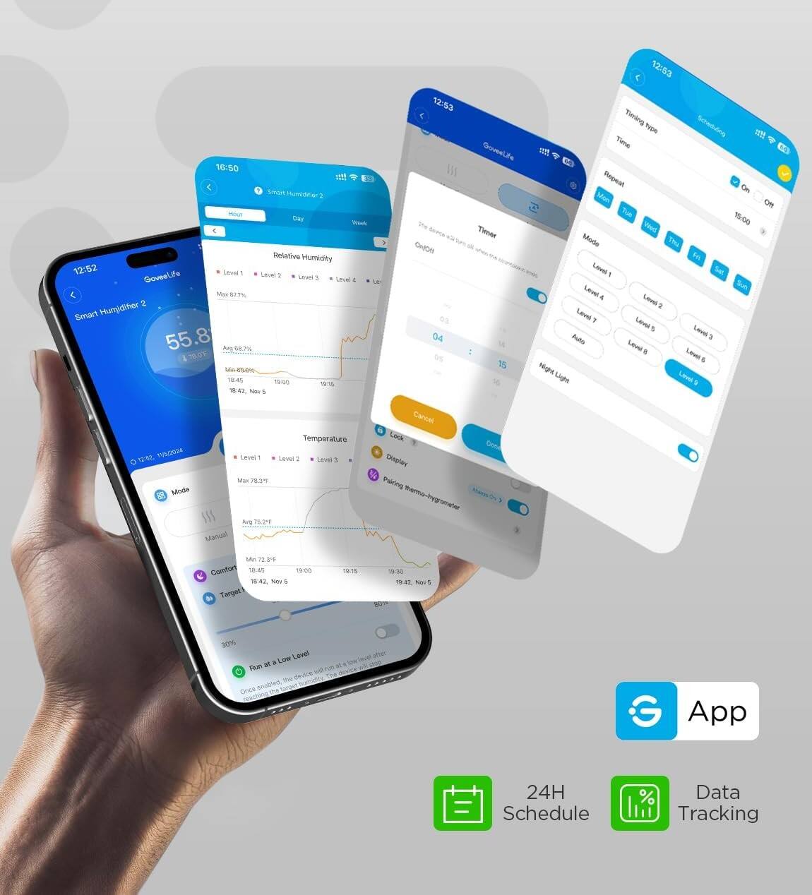 16:50  
Smart Humidifier 2  
Relative Humidity  
55.8%  
Avg 68.7%  
Max 87.7%  
12:52  
Level 1  
Level 2  
Level 3  
Level 4  
Level 5  
Level 6  
Level 7  
Level 8  
Level 9  
Level 10  
Level 11  
Level 12  
Level 13  
Level 14  
Level 15  
Level 16  
Level 17  
Level 18  
Level 19  
Level 20  
Level 21  
Level 22  
Level 23  
Level 24  
Level 25  
Level 26  
Level 27  
Level 28  
Level 29  
Level 30  
Level 31  
Level 32  
Level 33  
Level 34  
Level 35  
Level 36  
Level 37  
Level 38  
Level 39  
Level 40  
Level 41  
Level 42  
Level 43  
Level 44  
