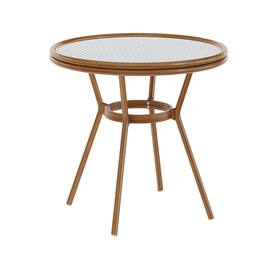 Emma + Oliver - Colmar Indoor/Outdoor Bistro Style 31.5 in. Table with PE Rattan, Glass Top, and Bamboo Finished Metal Frame - White & Navy Rattan/Natural Frame