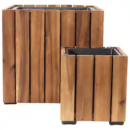 Sunnydaze - 2-Piece Square Wood Planter Box with Liner - Light Brown Stain