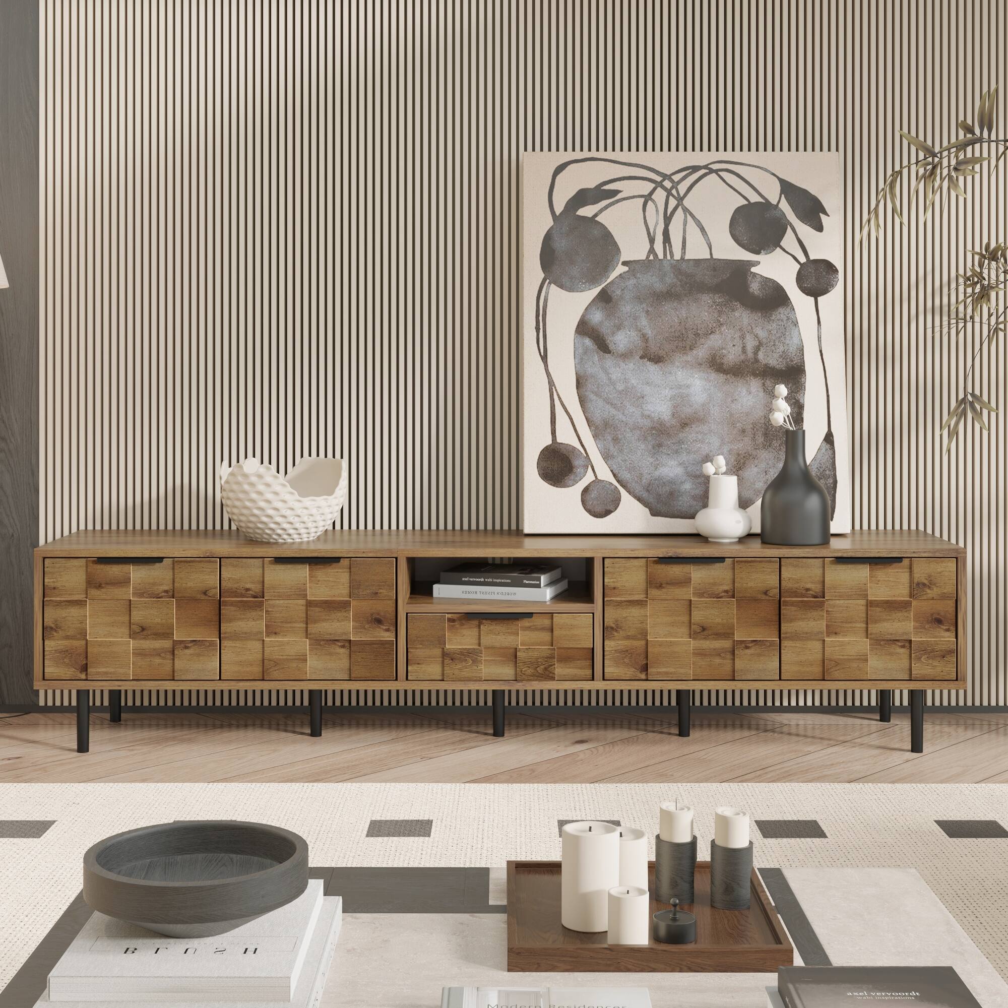 Left. Whisen - 78" Entertainment Center Wood TV Media with Storage for TVs up to 85", TV Console for Living Room, Natural Wood - Natural.