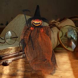 Oumilen - 12.2 Inch Halloween Hanging Pumpkin Reaper Ornament, Spooky Scarecrow Pendant with Scythe for Door Wall Decor - Orange