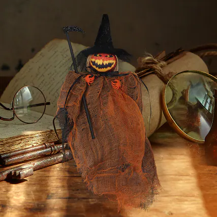 Front. Oumilen - 12.2 Inch Halloween Hanging Pumpkin Reaper Ornament, Spooky Scarecrow Pendant with Scythe for Door Wall Decor, Orange - Orange.