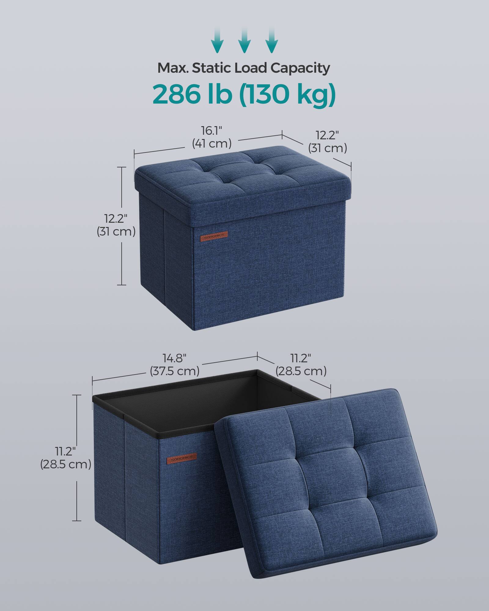 Max. Static Load Capacity: 286 lb (130 kg)

Dimensions:
- 16.1" (41 cm) x 12.2" (31 cm) x 12.2" (31 cm)
- 14.8" (37.5 cm) x 11.2" (28.5 cm) x 11.2" (28.5 cm)