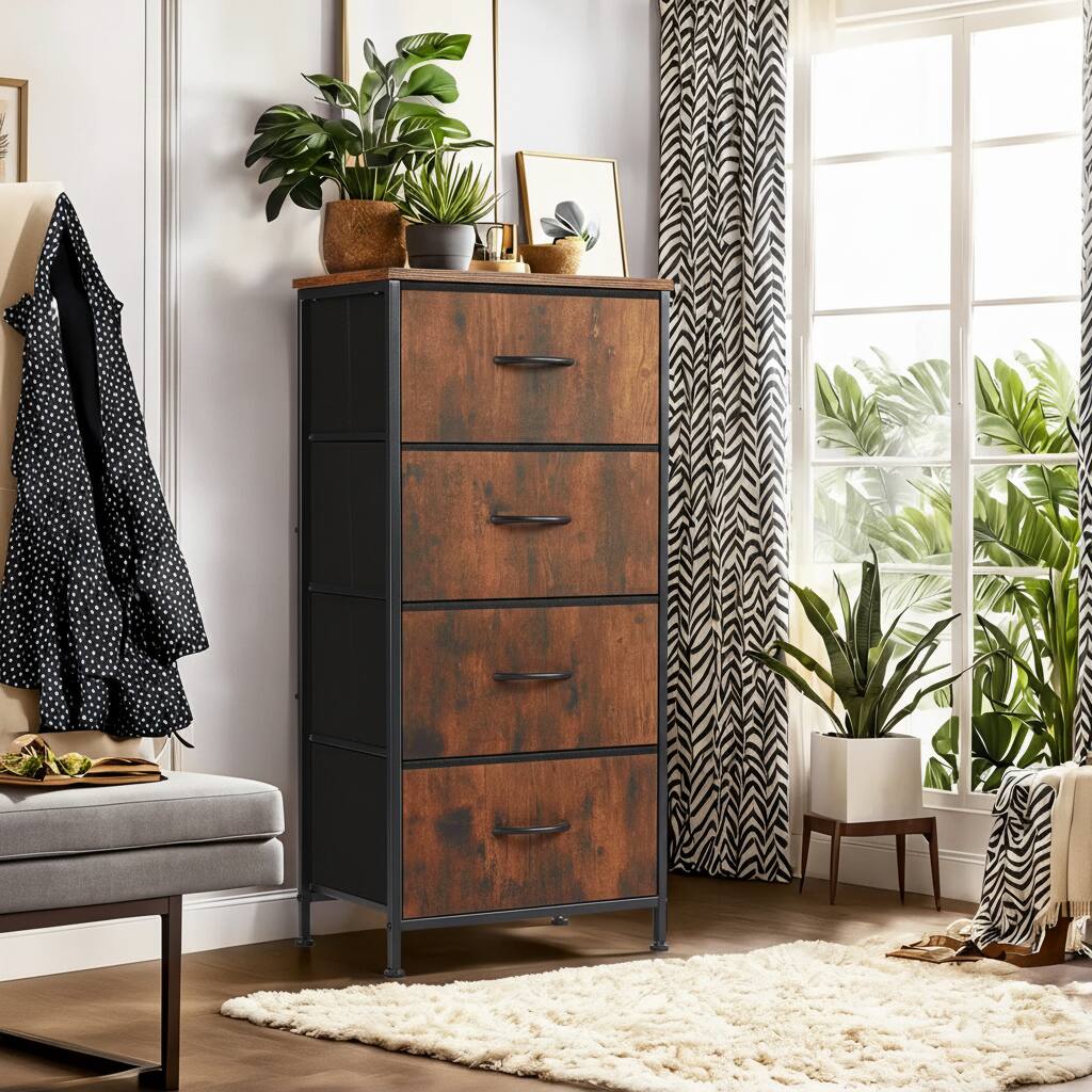 Alt View 4. AOITUN - 4 Drawer Fabric Dresser for Bedroom, Tall Chest of Drawer Organizer Storage Cabinet for Closet, Entryway, Rust Brown - Rustic.