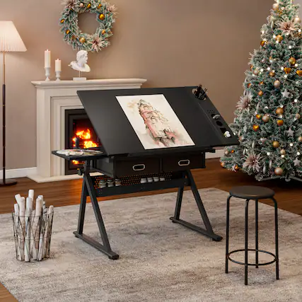 Front. GOODSILO - Adjustable Height Tiltable Drafting Table Desk with Storage Drawers and Included Stool for Artists and Students - Black.