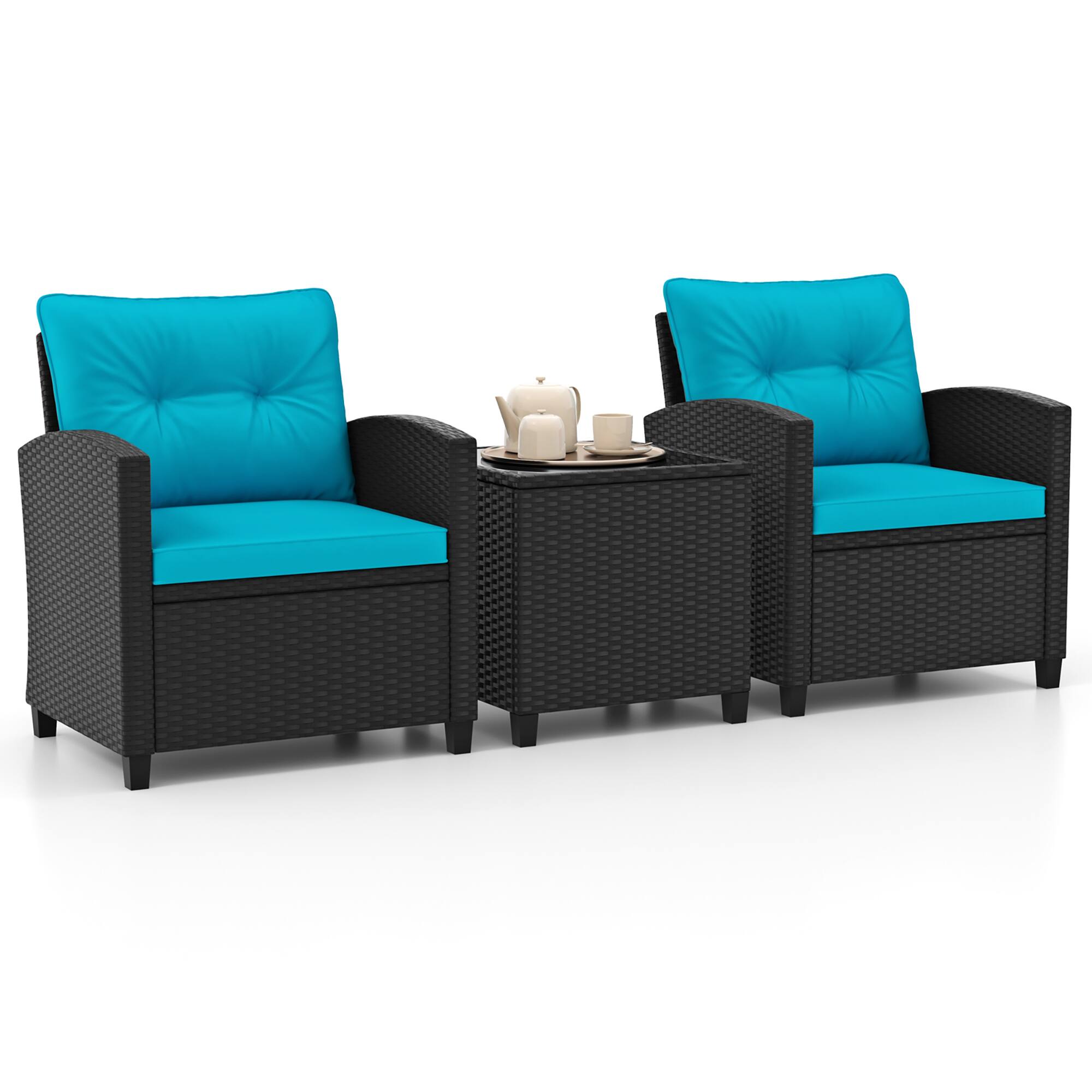 Gymax - 3 PCS Patio Furniture Set w/Tempered Glass Coffee Table Washable Cushions - Turquoise price history on PriceWatchPro