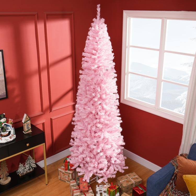 Alt View 1. PULUZ - 8' Artificial Christmas Tree Douglas Fir Pencil Christmas Tree with 1168 Realistic Branch Tips - Pink.