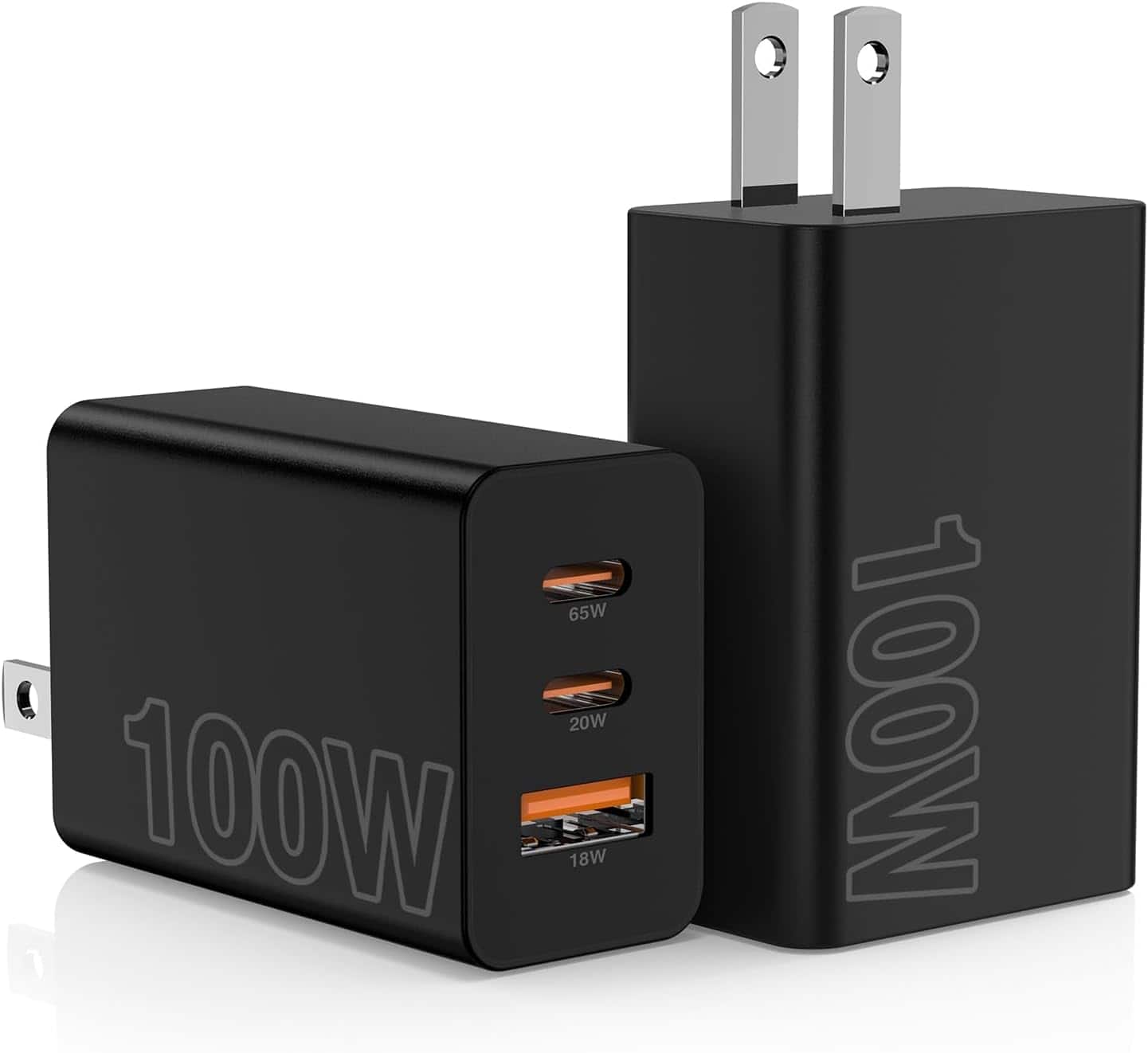 Core Tech - 2-Pack 100W USB-C Wall Charger, 3-Port Fast Charging Adapter for Laptops, Smartphones & Tablets - Black - Black