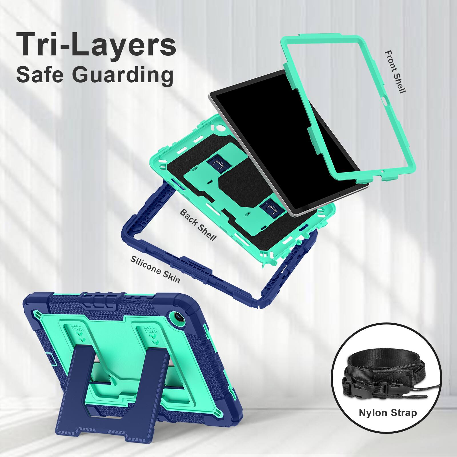 Tri-Layers Safe Guarding

Front Shell
Back Shell Silicone Skin
Push
Lift Push
Nylon Strap