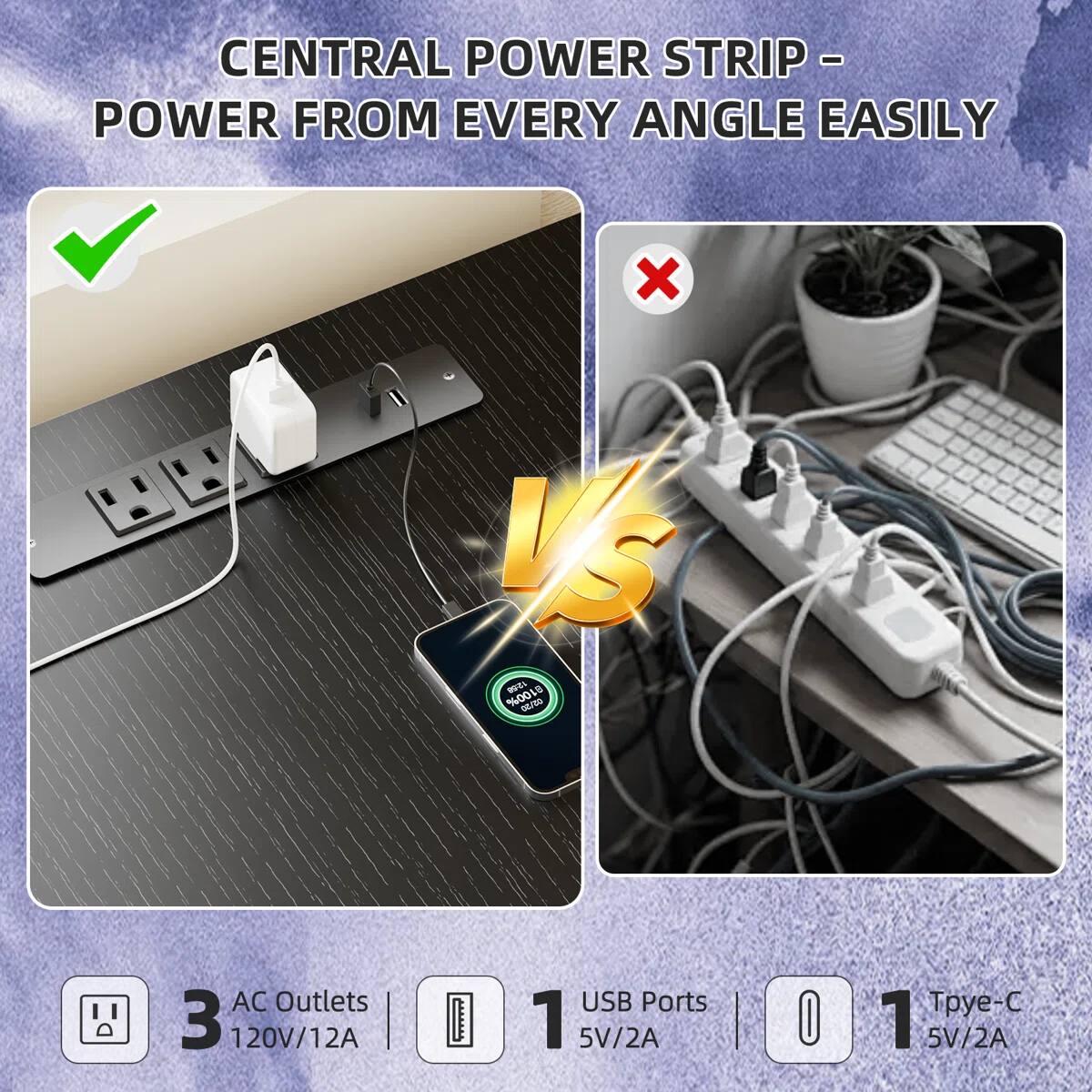 CENTRAL POWER STRIP - POWER FROM EVERY ANGLE EASILY

- 3 AC Outlets 120V/12A
- 1 USB Port 5V/2A
- 1 Type-C 5V/2A