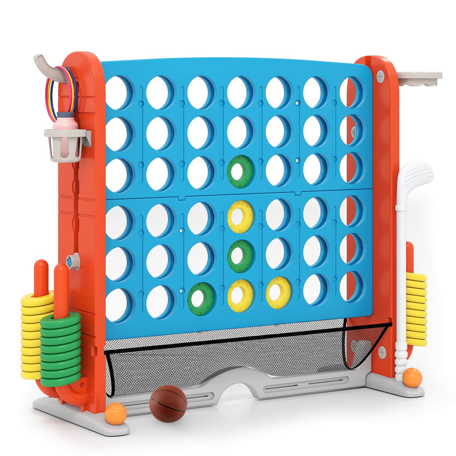 Costway - Giant 4-in-a-Row Game Set with Ring-toss, Basketball Hoop, Golf Club & Cup Holders - Light Blue,Orange price history on PriceWatchPro