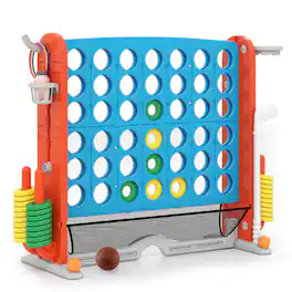 Costway - Giant 4-in-a-Row Game Set with Ring-toss, Basketball Hoop, Golf Club & Cup Holders - Light Blue,Orange