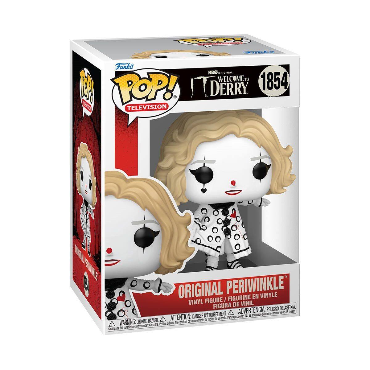 Funko POP! TELEVISION  
HBO ORIGINAL  
WELCOME TO DERRY  
1854  

ORIGINAL PERIWINKLE  
VINYL FIGURE / FIGURINE EN VINYLE / FIGURA DE VINIL  

WARNING: CHOKING HAZARD - Small parts. Not for children under 3 years.  
ADVERTENCIA: PEQUEÑAS PIEZAS - PELIGRO DE ASFIXIA. NO ES ADECUADO PARA NIÑOS MENORES DE 3 AÑOS.