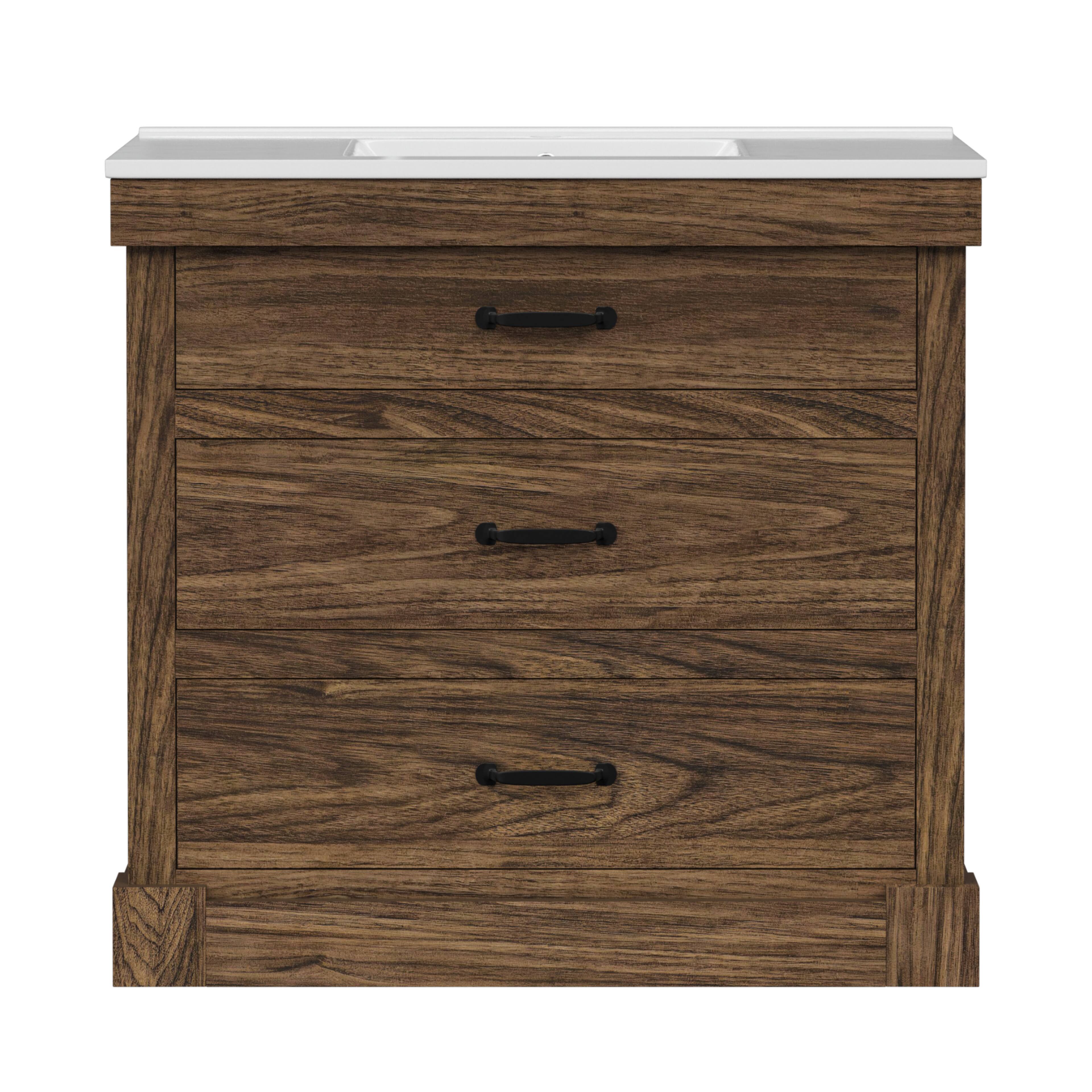 Angle. Teamson Home - Teamson Home Donovan 36" Single Bathroom Vanity with Two Drawers, Walnut - Brown.
