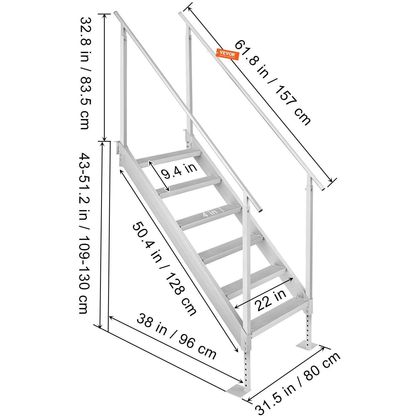 32.8 in / 83.5 cm  
43-51.2 in / 109-130 cm  
61.8 in / 157 cm  
9.4 in  
50.4 in / 128 cm  
38 in / 96 cm  
22 in  
31.5 in / 80 cm