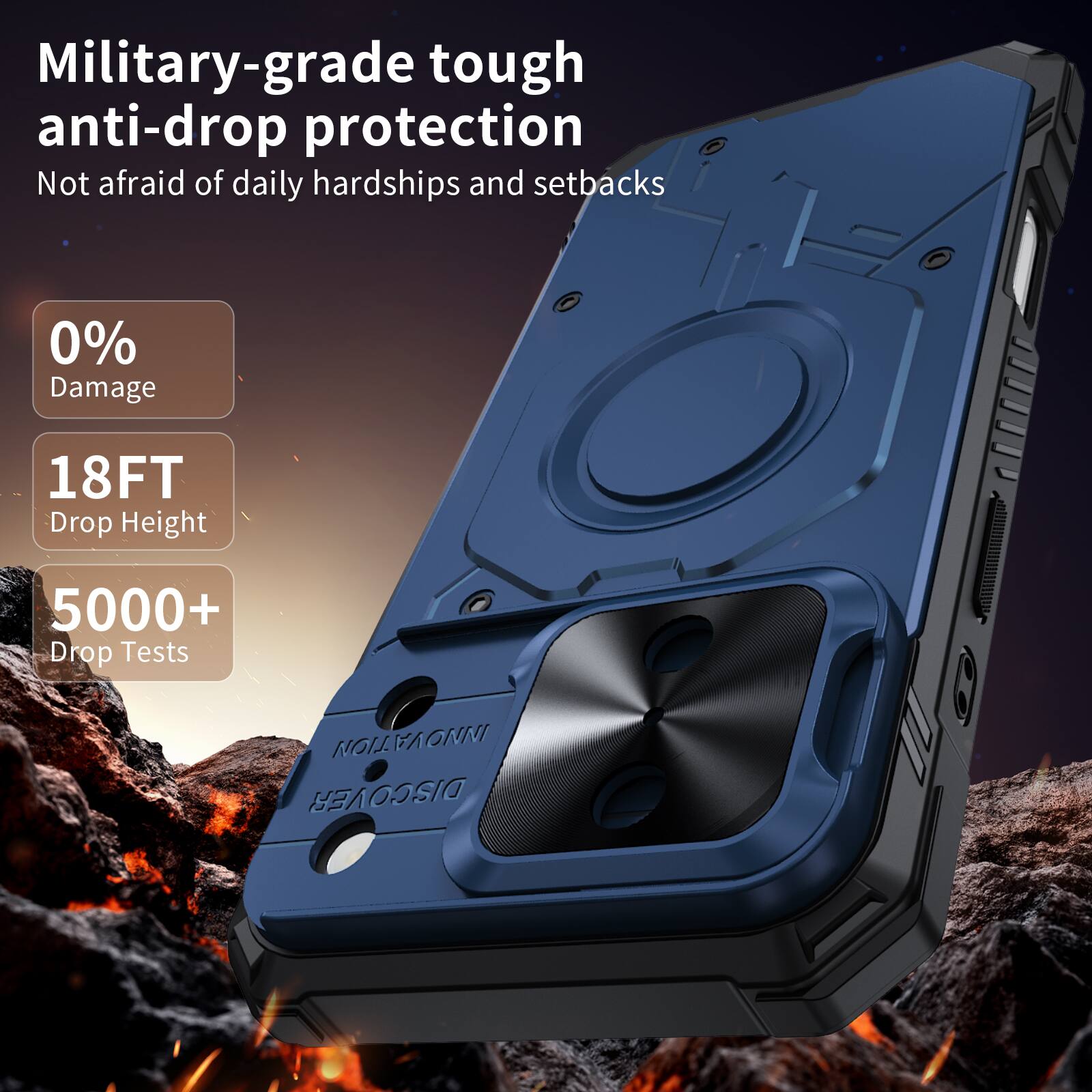 Military-grade tough anti-drop protection  
Not afraid of daily hardships and setbacks  

0% Damage  
18FT Drop Height  
5000+ Drop Tests  

MOITAVONNI DISCOVER