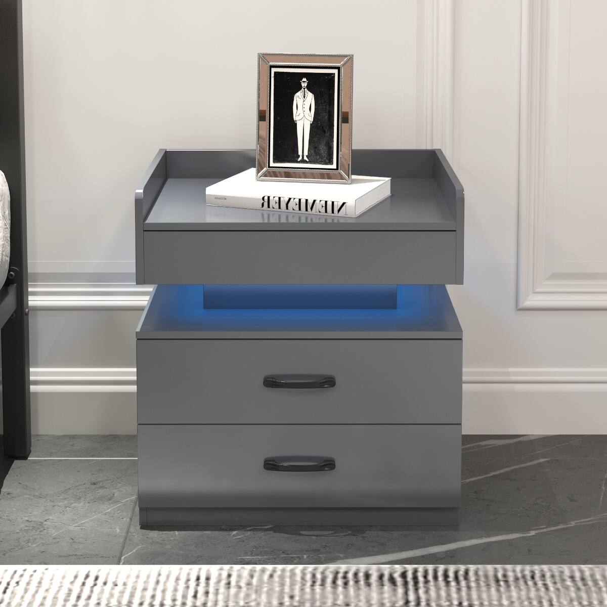Angle. Loheer - Loheer LED Nightstand with Adjustable Light, Grey Two Drawer Bedside Table - Grey.