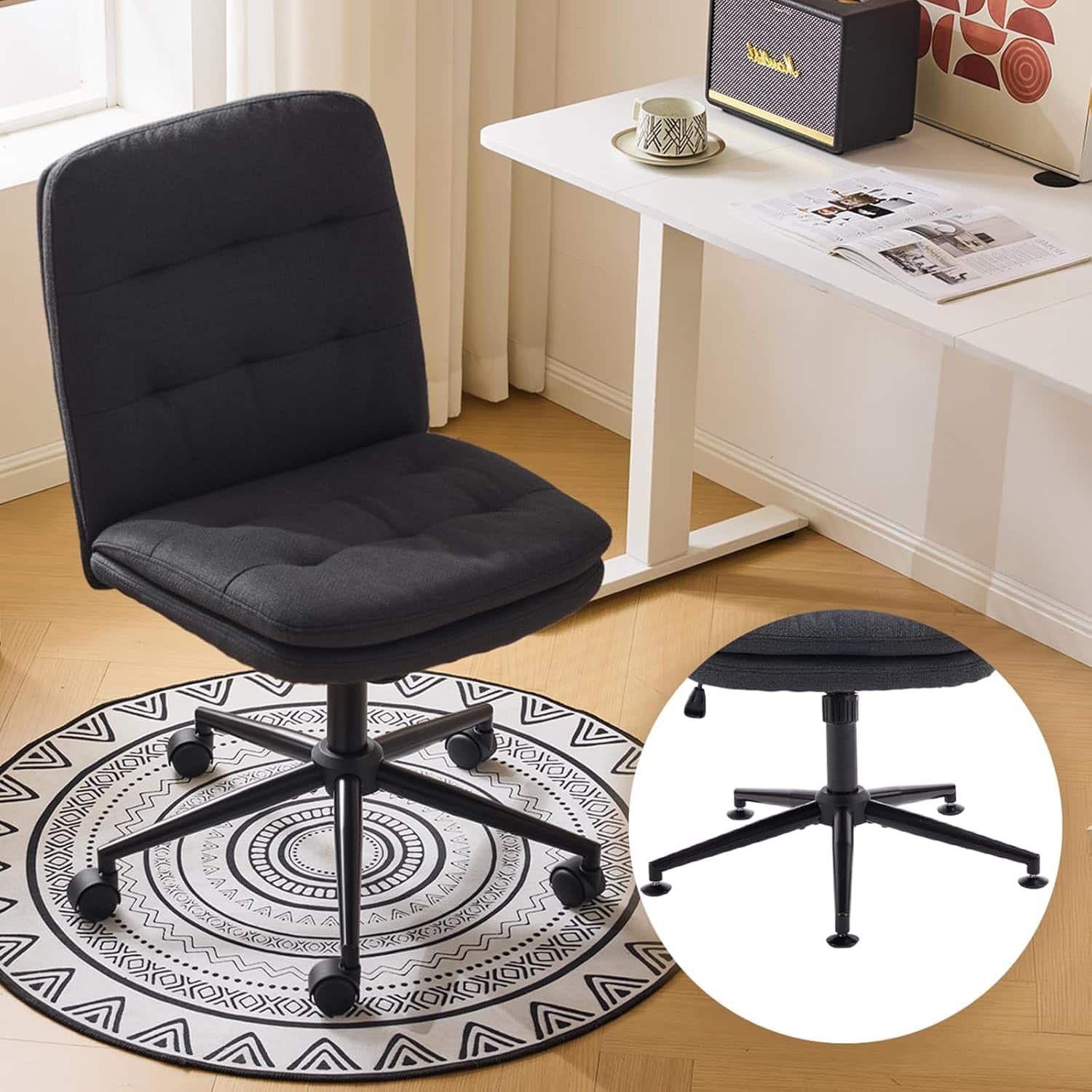 Winado - Mid Back Armless Rolling Cross Legged Chair Wheels 360° Swivel Adjustable Height for Computer Office Desk Makeup Chair - Black