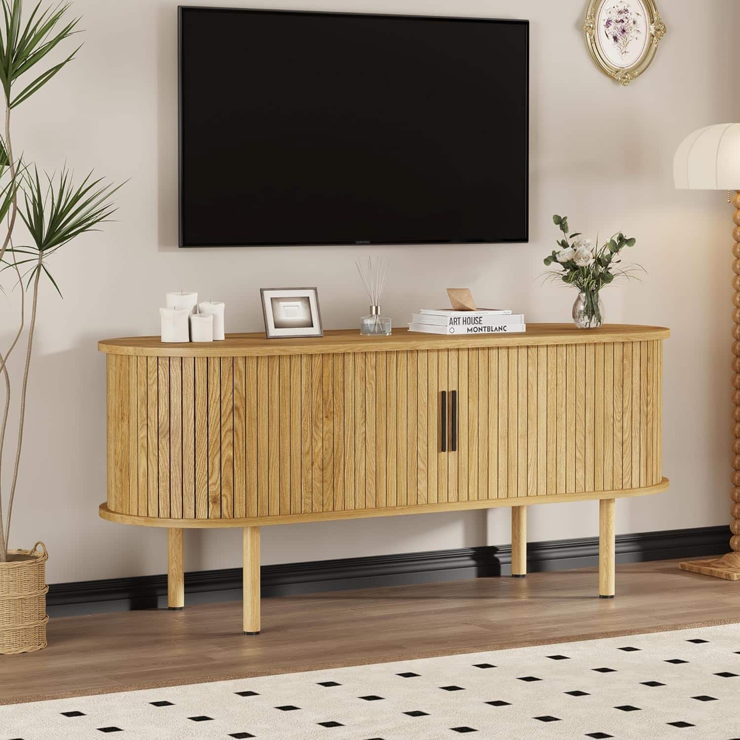 Babevy - 47.2-inch TV Stand for Up to 55 Inch TV, Media Console with Sliding Doors and Storage, Entertainment Center for Bedroom - Natural