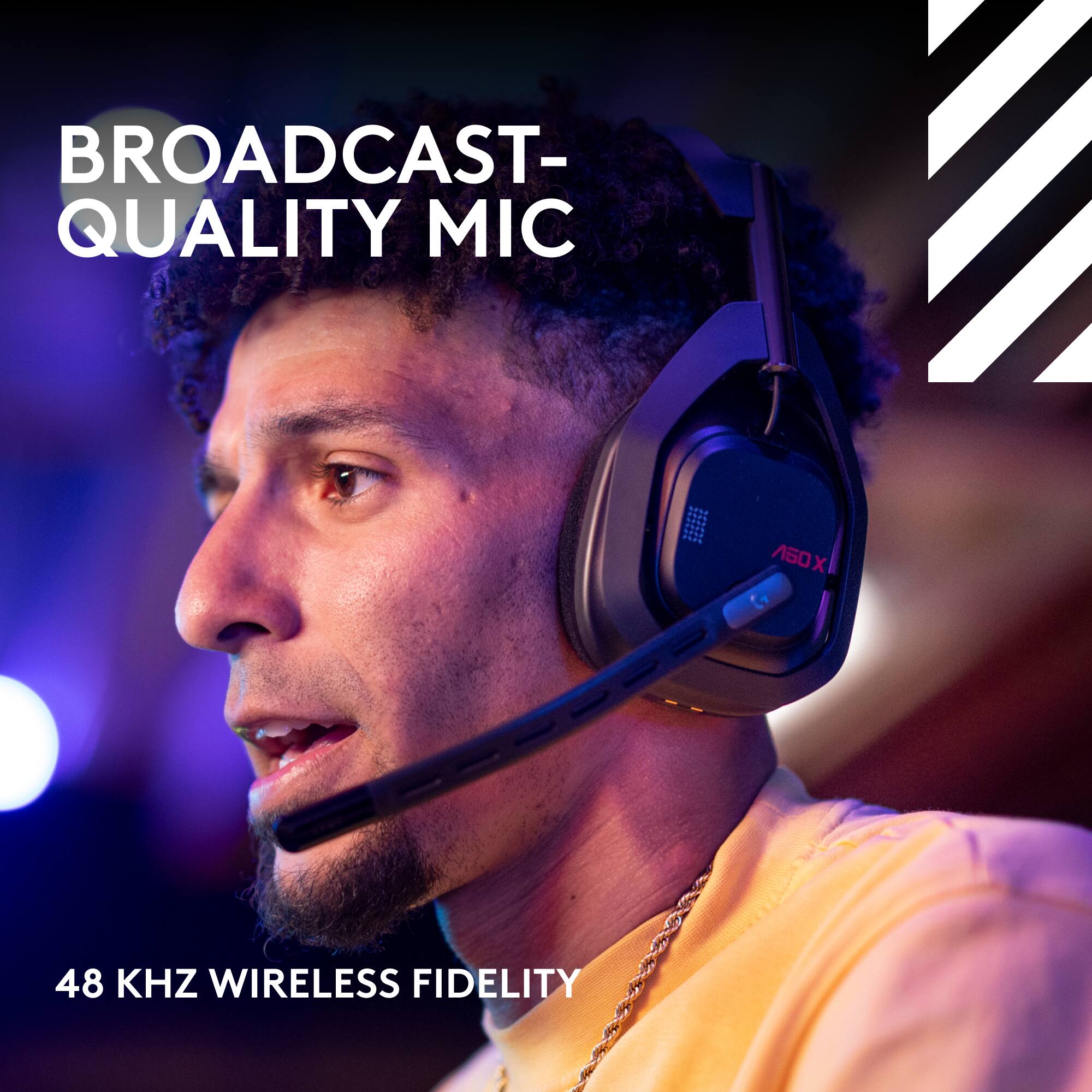 The image features a man wearing headphones and a microphone, likely for broadcasting purposes. The headphones are described as having a 48 kHz wireless fidelity, which suggests that they provide high-quality audio transmission without any wires. The man appears to be focused on his task, possibly recording or streaming audio content.