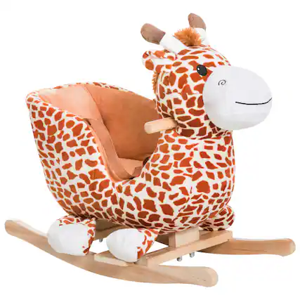 Front. Glintex - Plush Giraffe Rocking Horse for Kids with Music, Safety Belt, and Soft Seat - Brown.