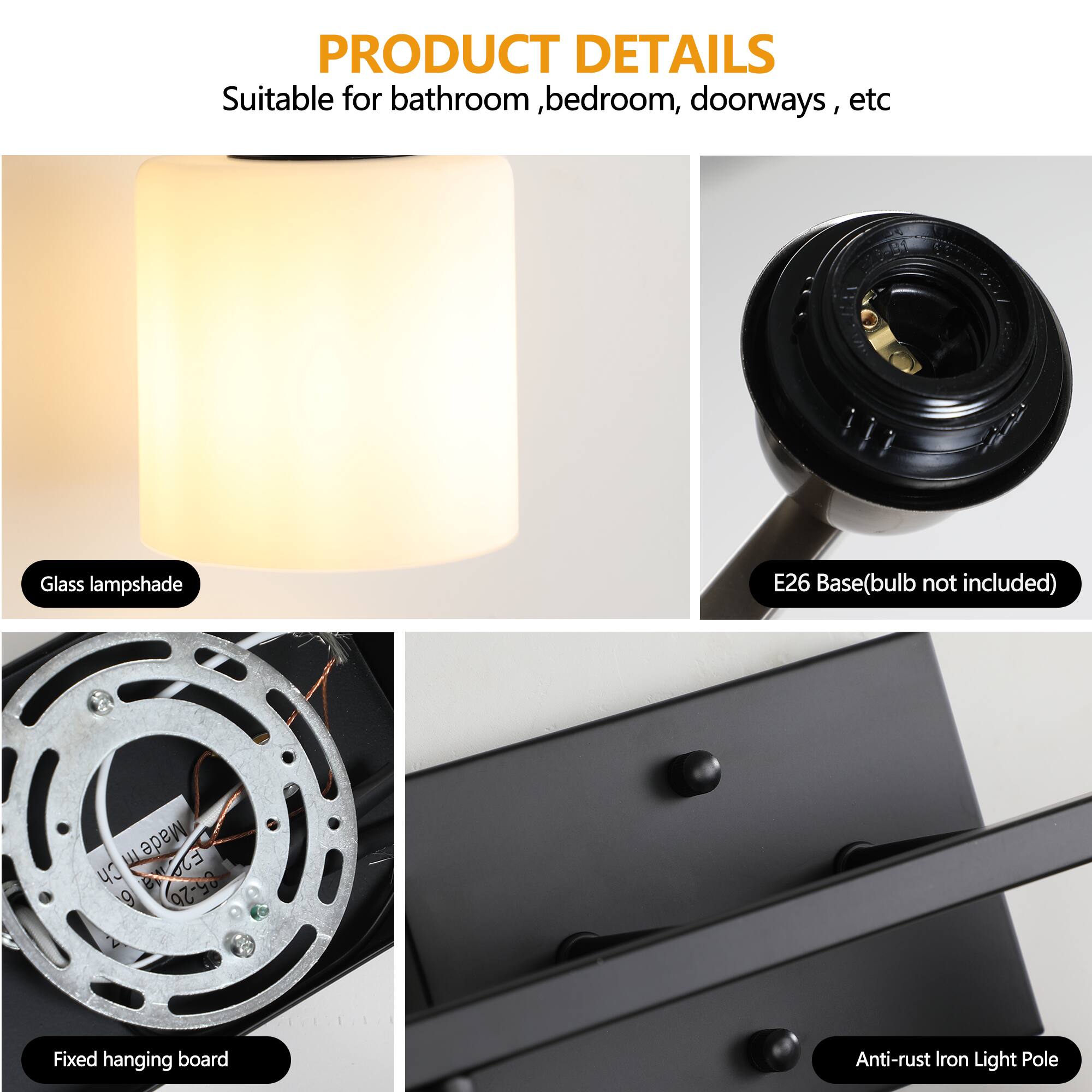 **PRODUCT DETAILS**

- Suitable for bathroom, bedroom, doorways, etc
- Glass lampshade
- E26 Base (bulb not included)
- Fixed hanging board
- Anti-rust Iron Light Pole