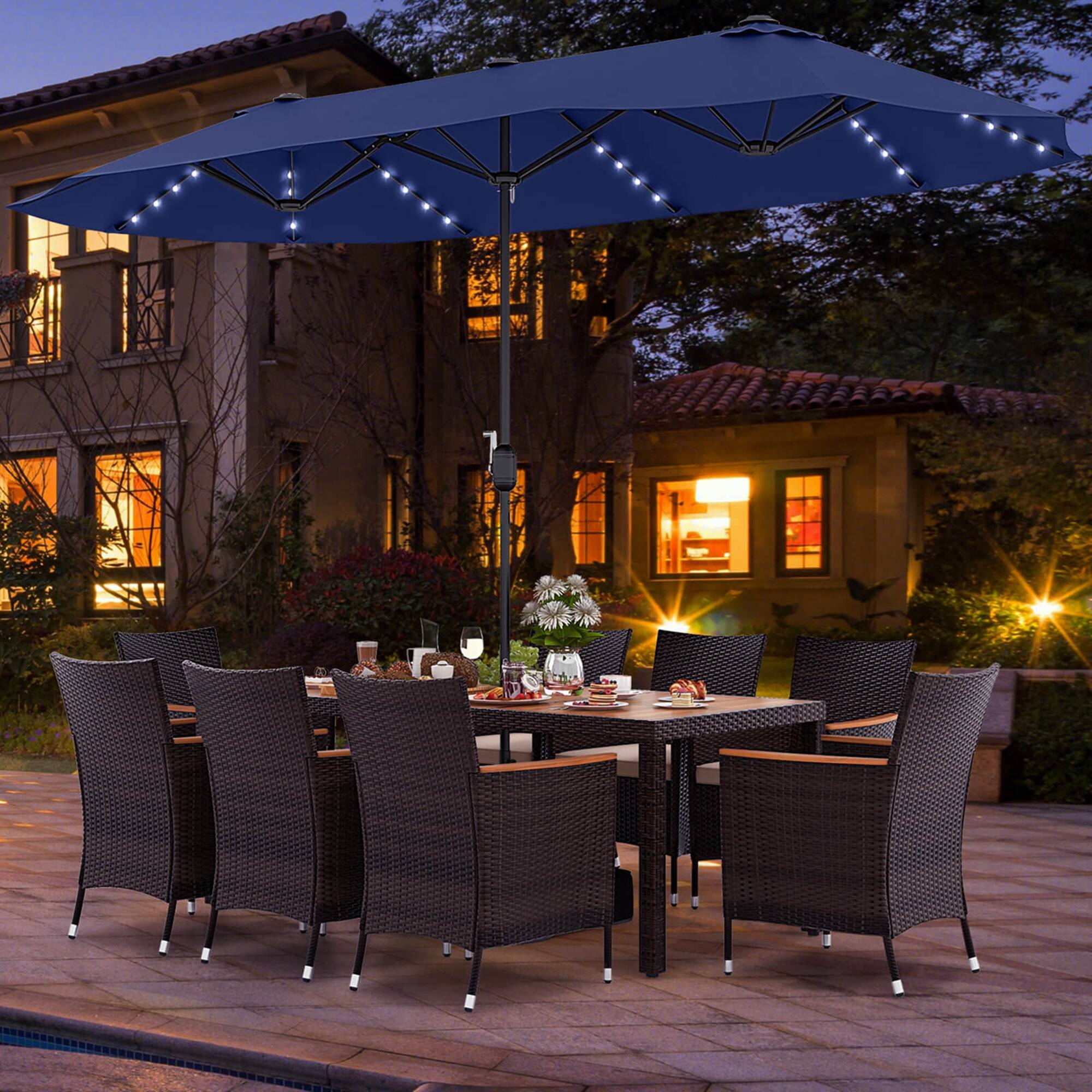 Alt View 4. Costway - 11 PCS Patio Dining Set with 15ft Double-Sided Patio Umbrella (Base Included) - Mix Brown + Navy.