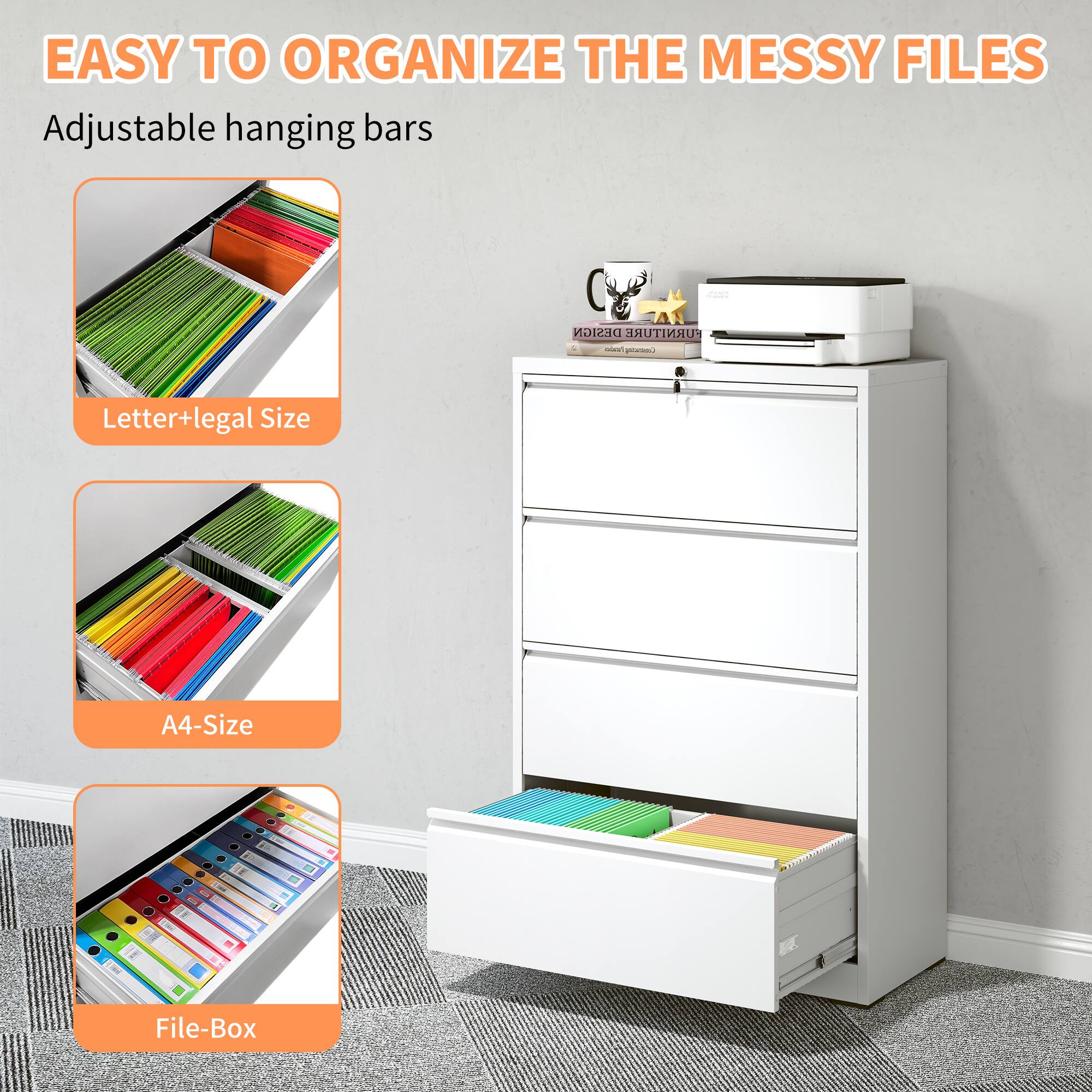 EASY TO ORGANIZE THE MESSY FILES

Adjustable hanging bars

Letter+legal Size

A4-Size

File-Box