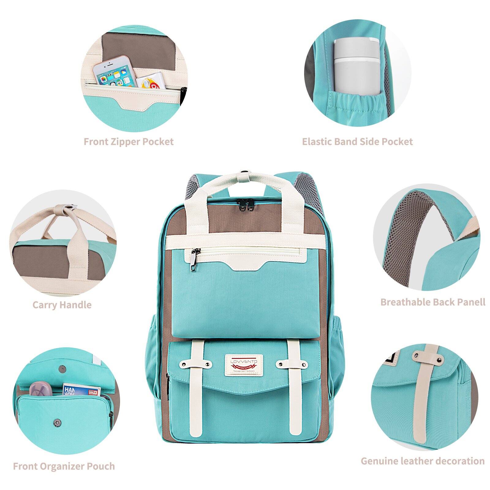 Front Zipper Pocket  
Elastic Band Side Pocket  
Carry Handle  
Breathable Back Panel  
Front Organizer Pouch  
Genuine Leather Decoration