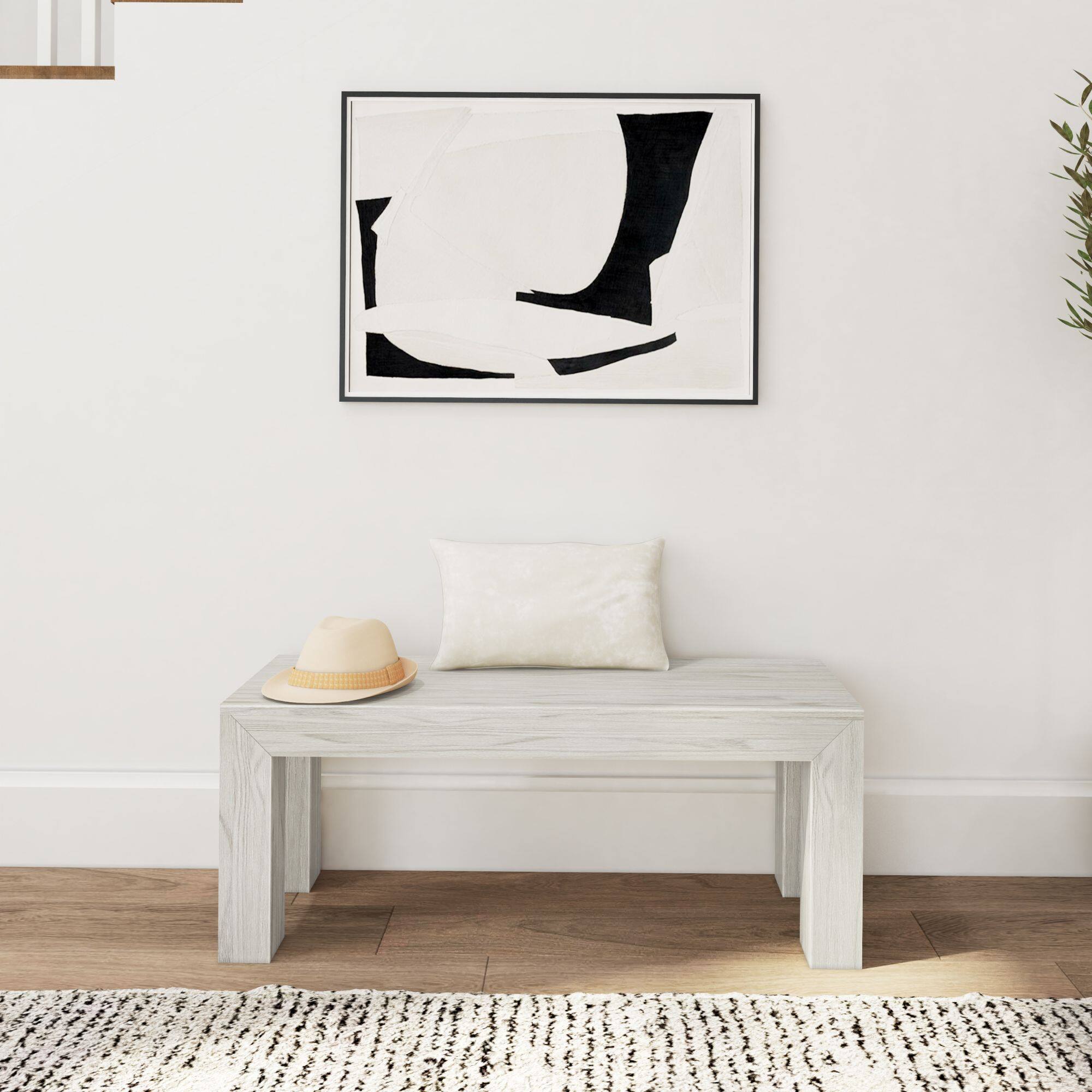 Alt View 4. Plank+Beam - Modern Dining Room Bench (49in / 1244mm), White Sand Wirebrush - White Sand Wirebrush.