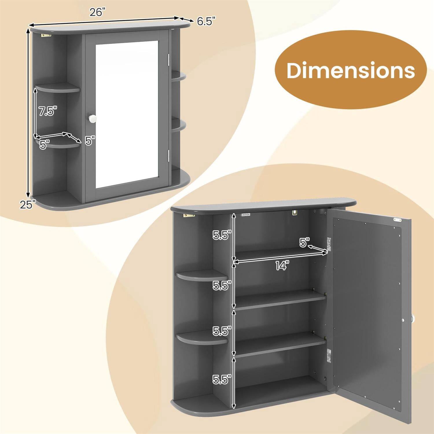 Dimensions:  
- Width: 26"  
- Height: 25"  
- Depth: 6.5"  
- Shelf depth: 5.5"  
- Shelf spacing: 5"  
- Number of shelves: 5  
- Shelf height from bottom: 5.5"  
- Shelf height from top: 5.5"  
- Total shelf height: 14"
