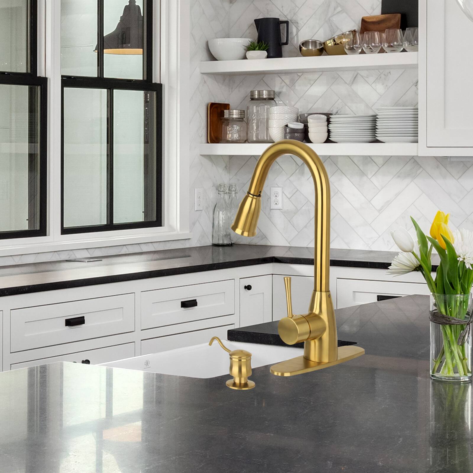 Alt View 5. Akicon - Akicon One-Handle Solid Brass Kitchen Faucet with Pull Down Sprayer in Brushed Gold - Brushed Gold.