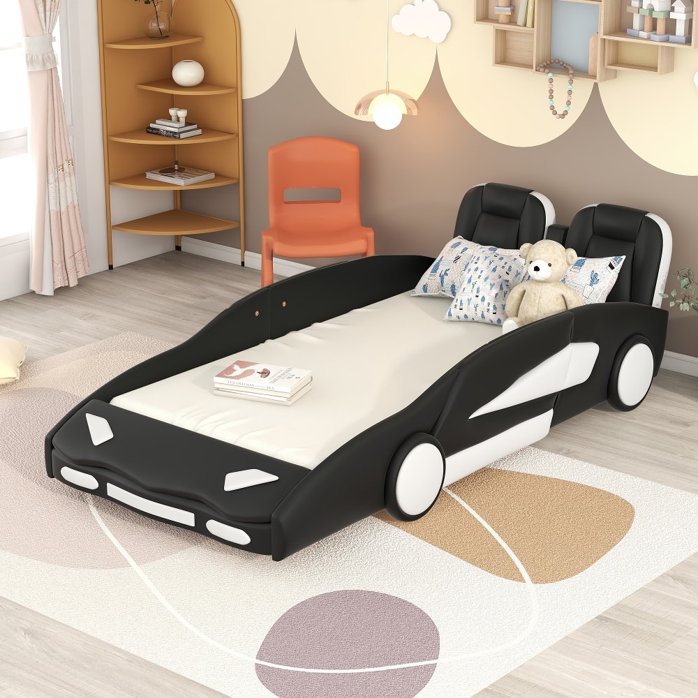 Loheer- Twin Size Race Car Bed with Wheels, Platform Bed Frame for Kids- Black