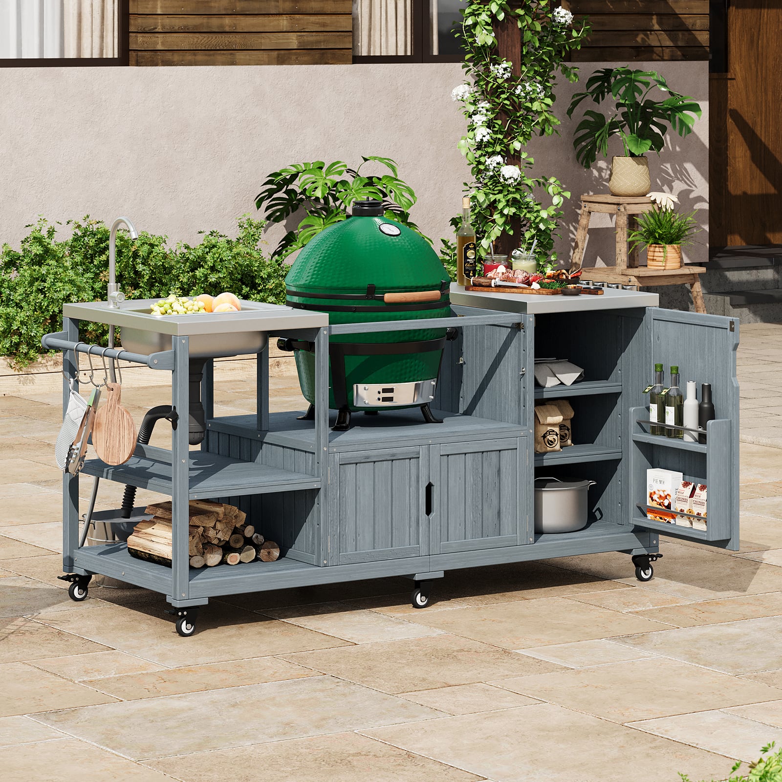 Chateau Abodes - 75.4" Outdoor Kitchen Island with Sink & Stainless Steel Top for XL Green Egg, Rolling BBQ Prep Station - Grey Blue