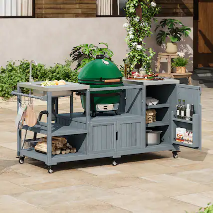 Front. Chateau Abodes - 75.4" Outdoor Kitchen Island with Sink & Stainless Steel Top for XL Green Egg, Rolling BBQ Prep Station - Grey Blue.