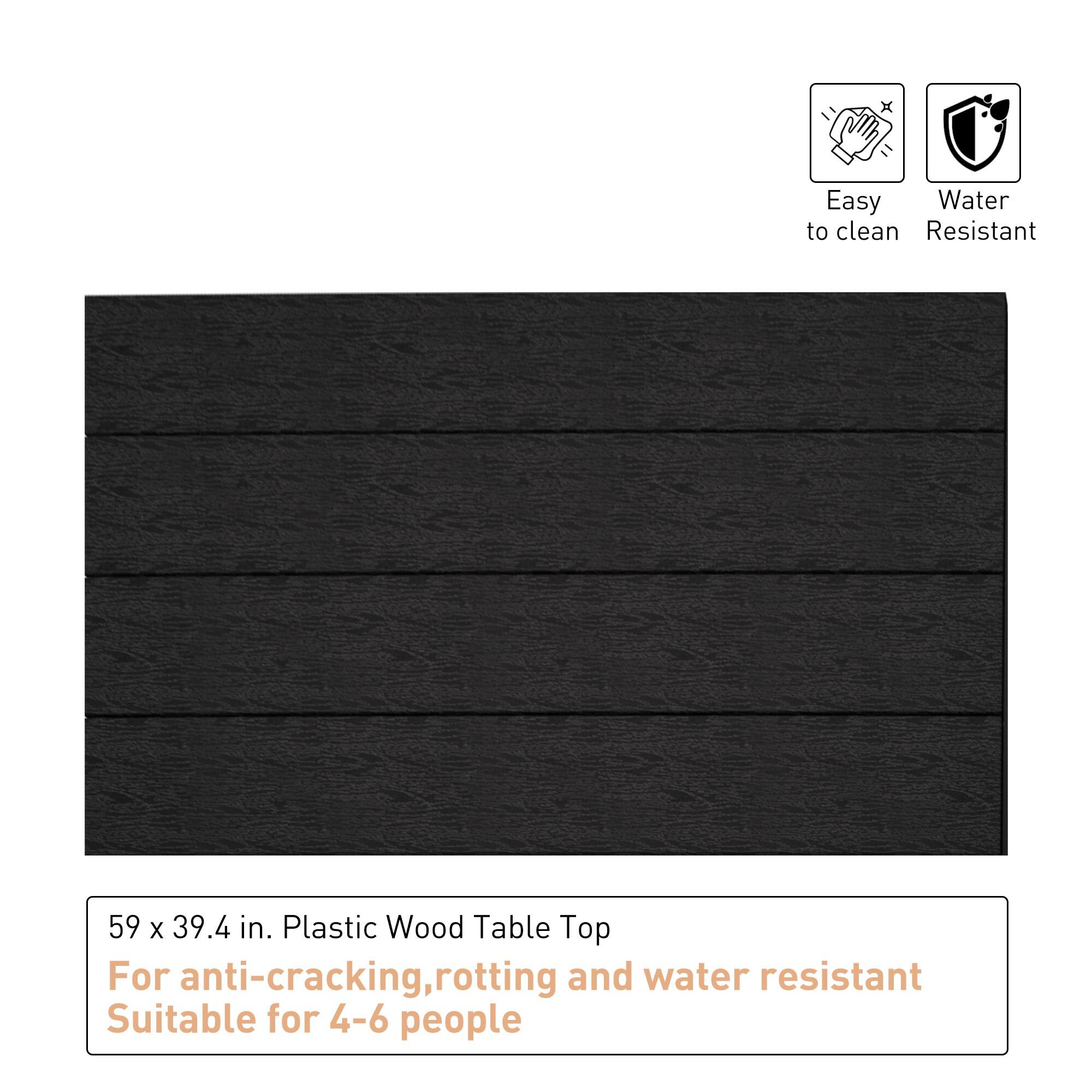 Easy to clean, Water Resistant

59 x 39.4 in. Plastic Wood Table Top

For anti-cracking, rotting and water resistant

Suitable for 4-6 people