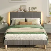Bestier - Upholstered Platform Bed Frame Bed with LED Light & Adjustable Storage Headboard for Bedroom  -Twin Size - Grey - Front_Zoom