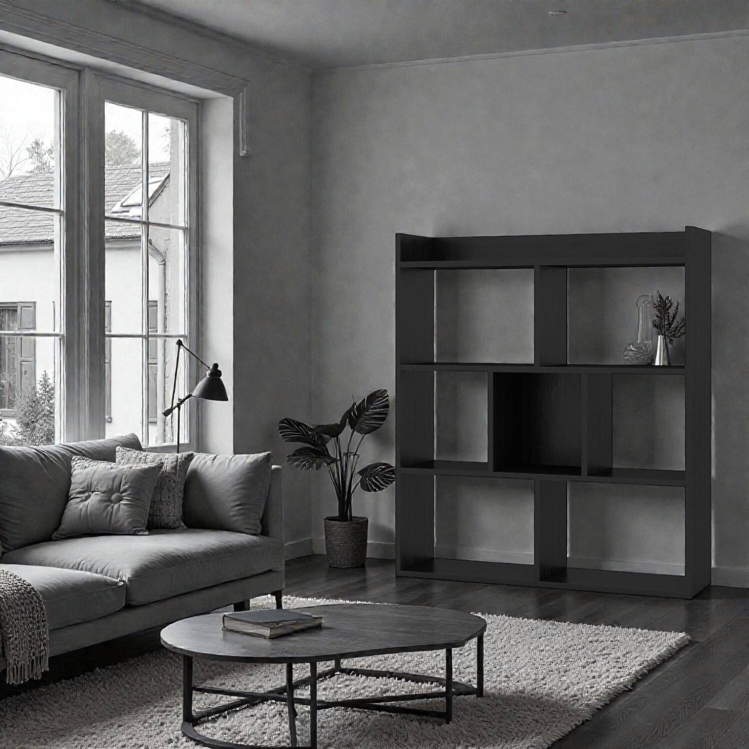 Front. Hivvago - Freestanding 7-Cube Display Rack with Open-Back Structure - Black.