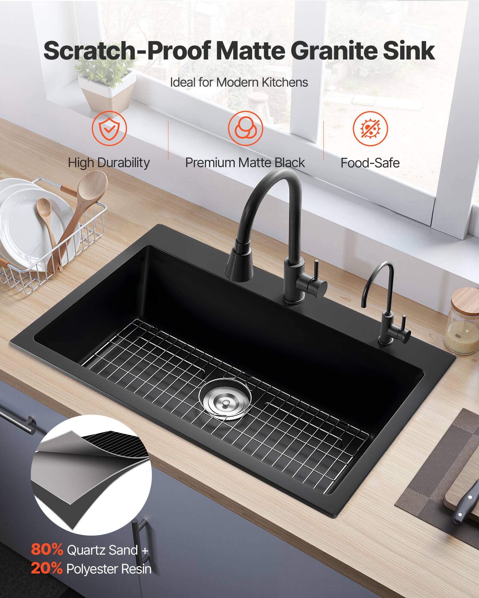 Scratch-Proof Matte Granite Sink  
Ideal for Modern Kitchens  

- High Durability  
- Premium Matte Black  
- Food-Safe  

80% Quartz Sand + 20% Polyester Resin