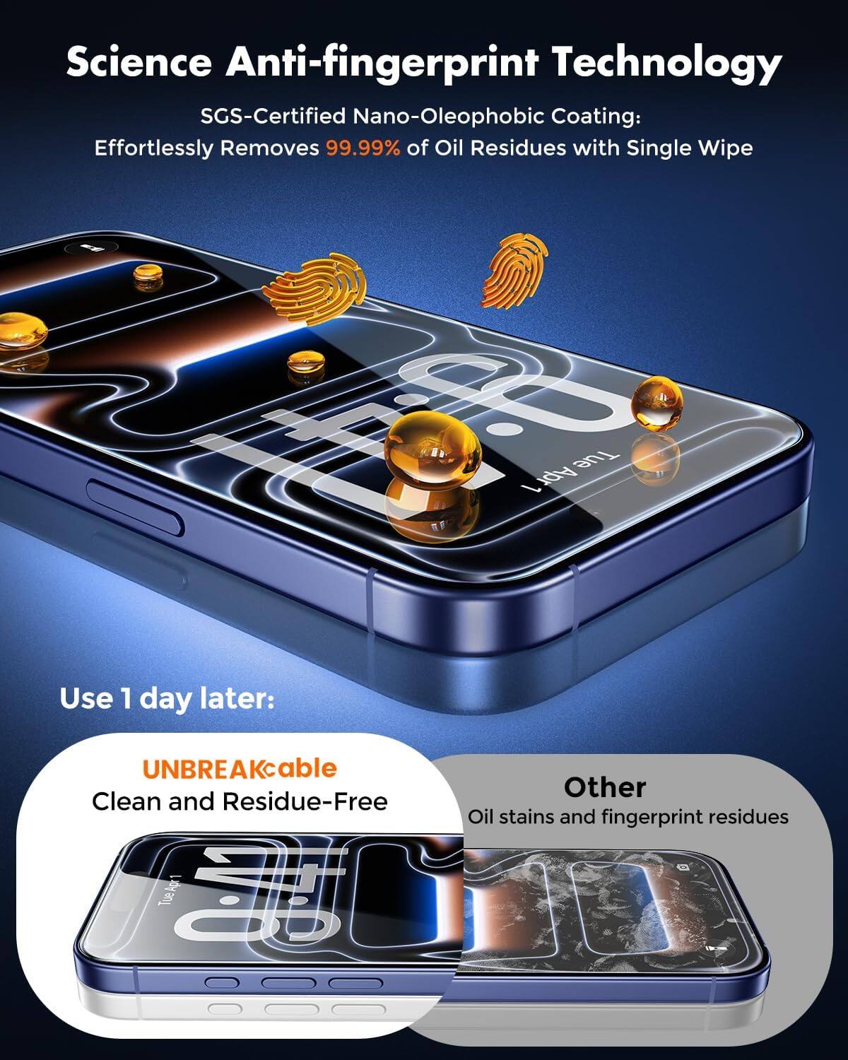 Science Anti-fingerprint Technology  
SGS-Certified Nano-Oleophobic Coating: Effortlessly Removes 99.99% of Oil Residues with Single Wipe  

Use 1 day later:  
UNBREAKable  
Clean and Residue-Free  

Other  
Oil stains and fingerprint residues