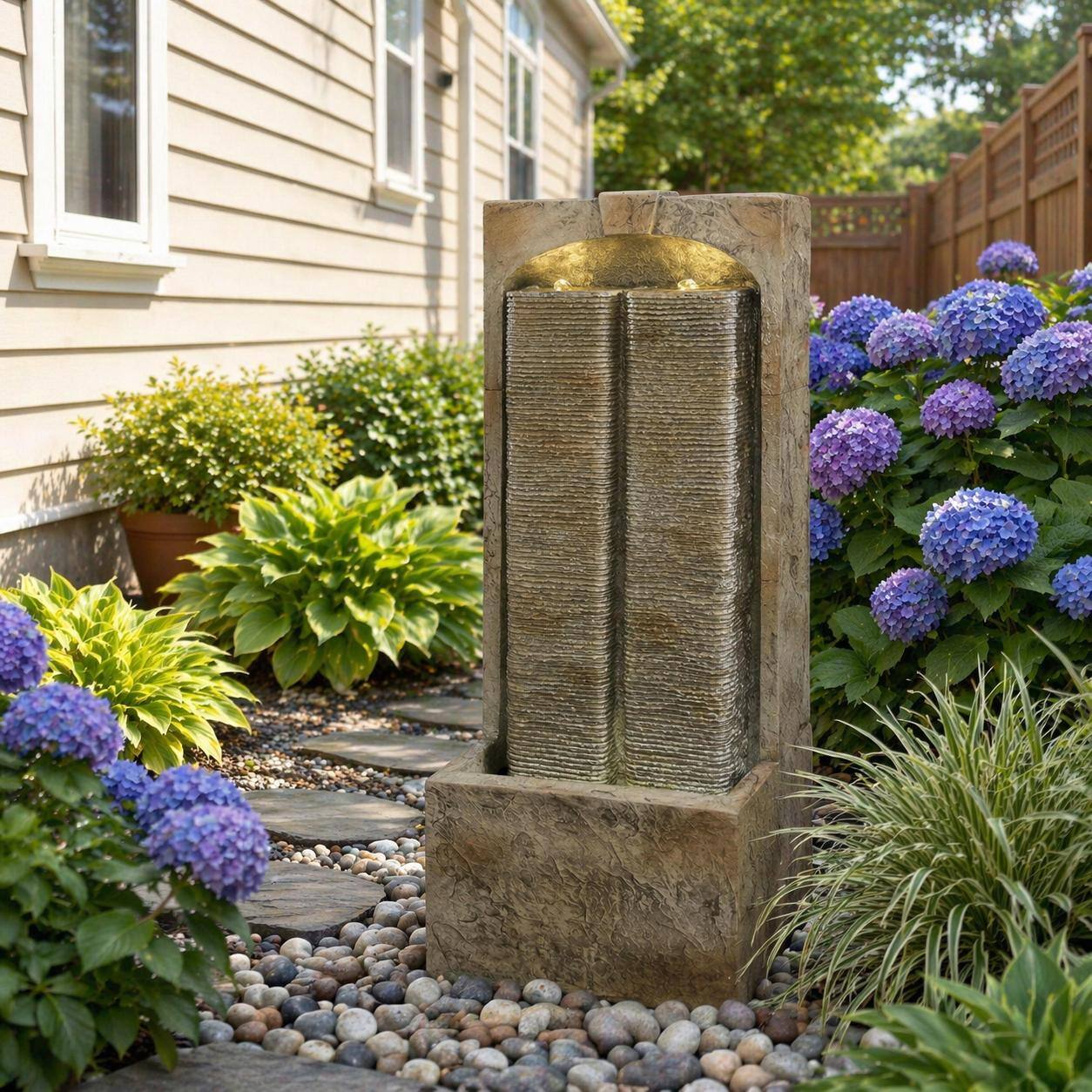 Back. RYHNUYNE - 39" Outdoor Water Fountain with Pump – Modern Cascading Freestanding Wall Water Feature.