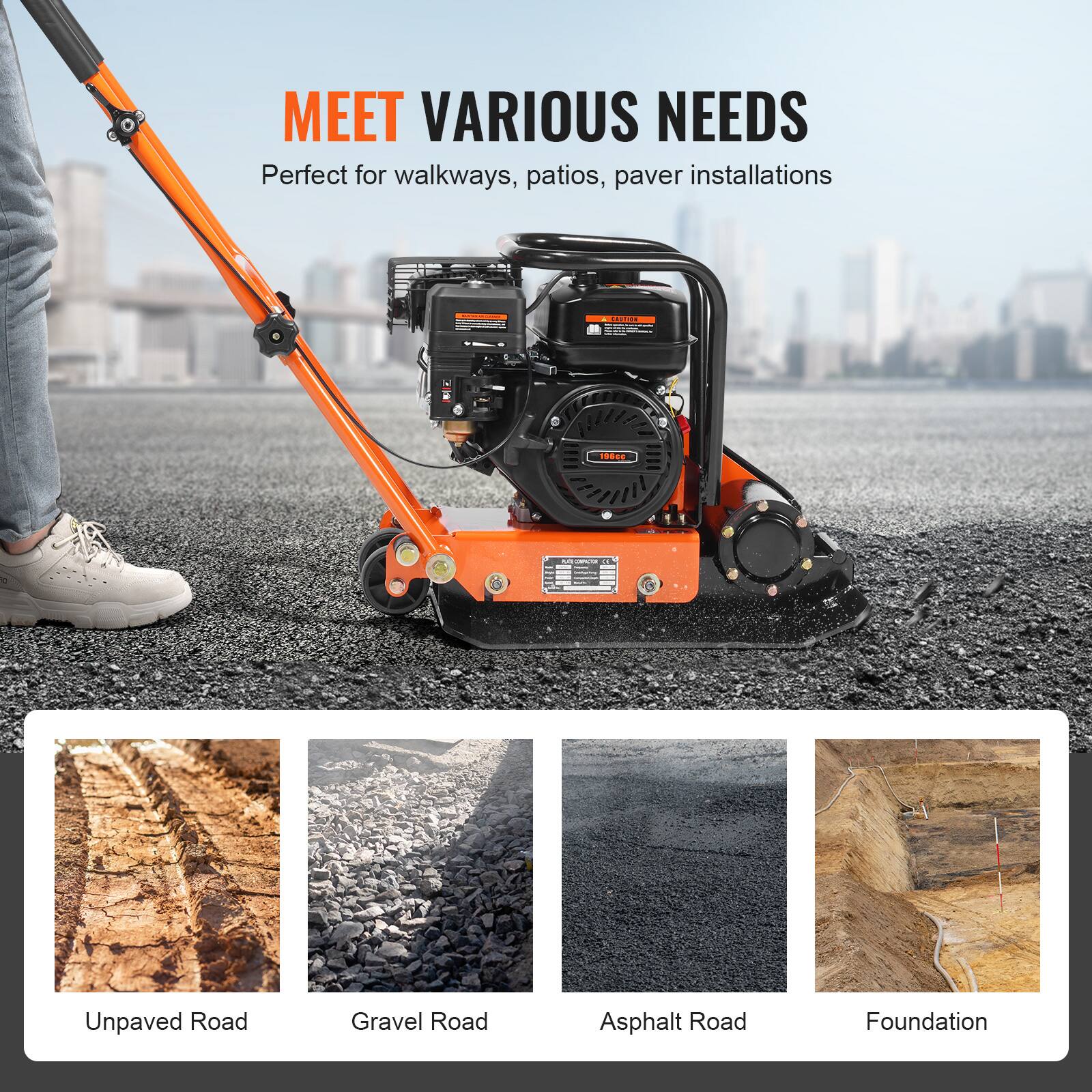MEET VARIOUS NEEDS  
Perfect for walkways, patios, paver installations  

Unpaved Road  
Gravel Road  
Asphalt Road  
Foundation