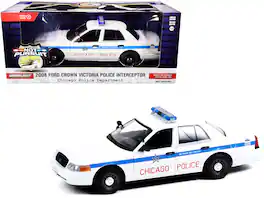 Greenlight - 2008 Ford Crown Victoria Police Interceptor CAPS Chicago Police Dept Hot Pursuit 1/24 - White with Blue Stripes
