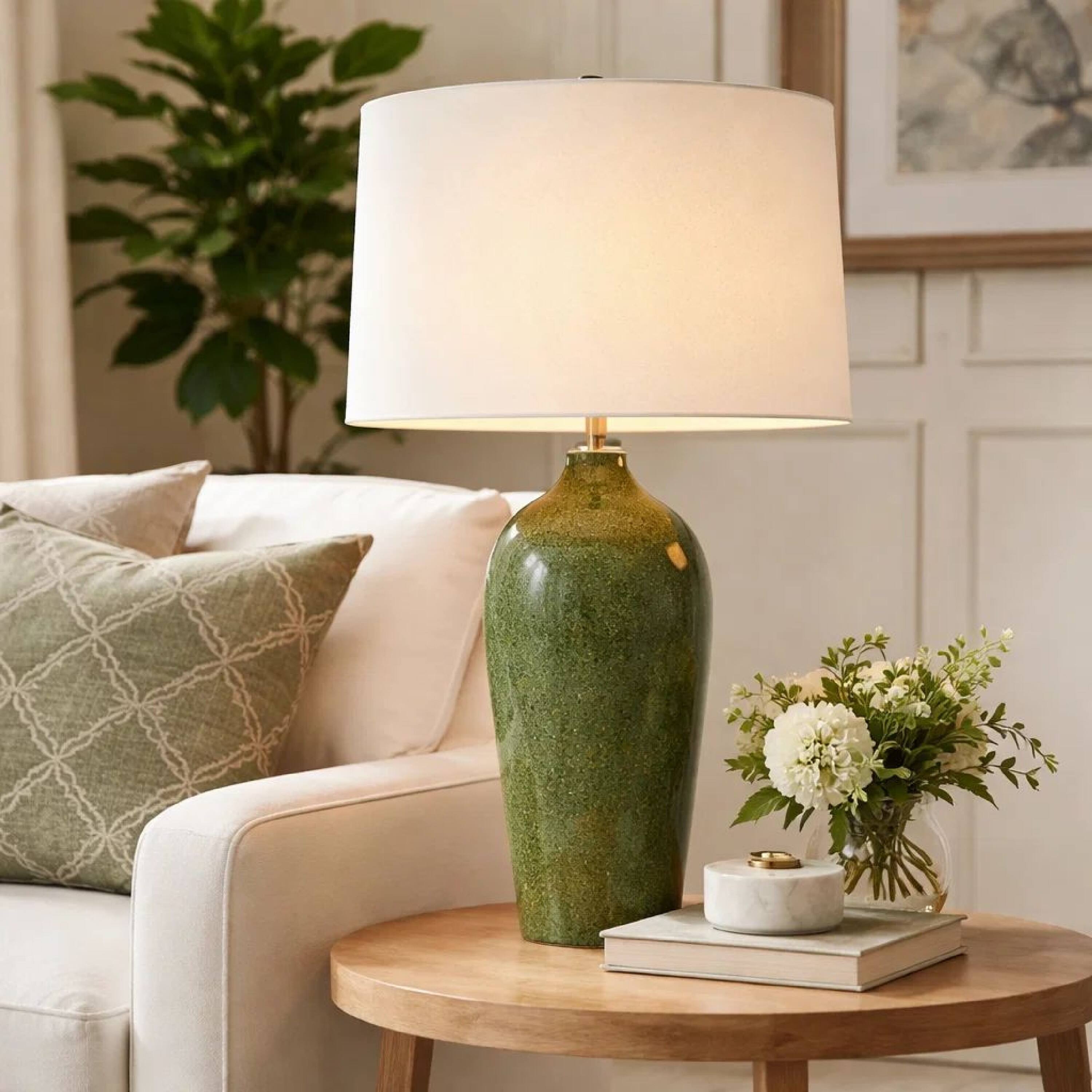 Alt View 2. Manhattan Lane - Table Lamp, Linen Shade, Ceramic 28 Inch - Emerald Green, Beige.