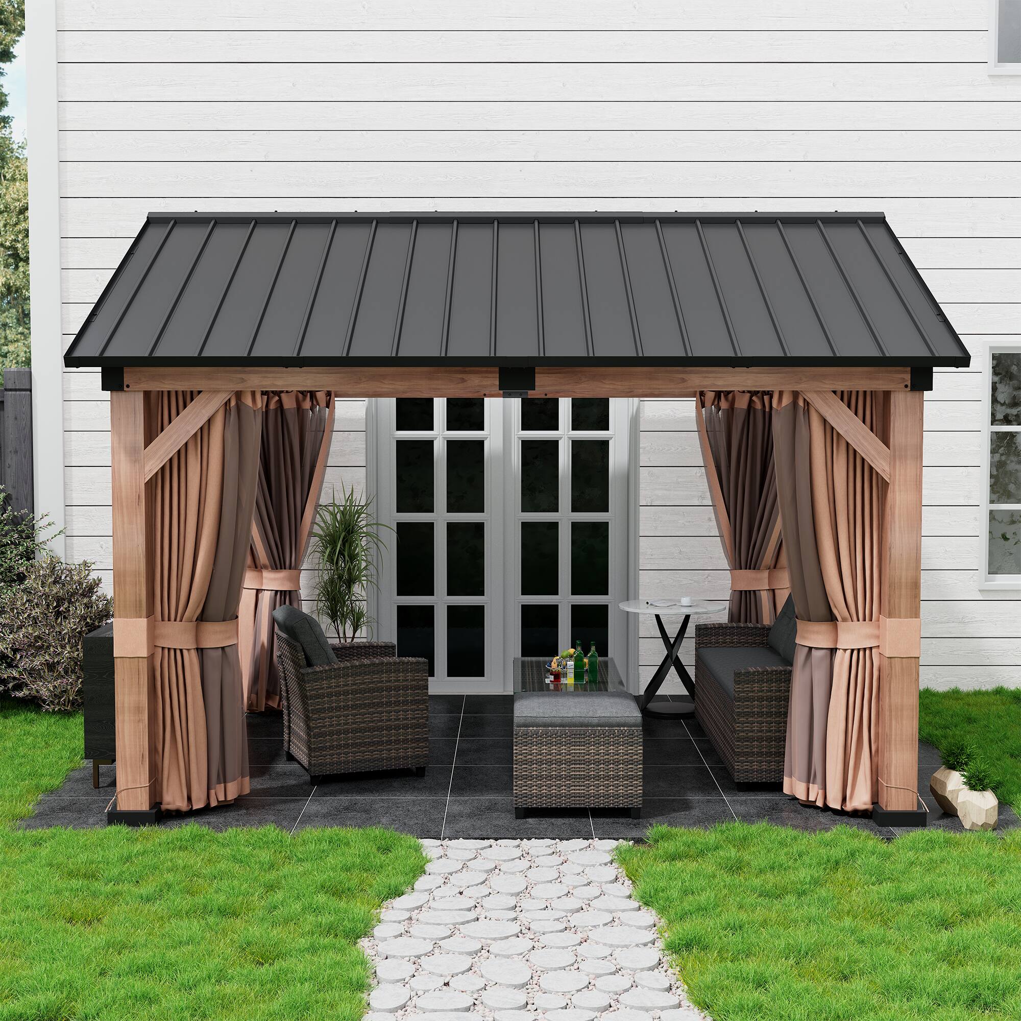 Angle. Mondawe - 11 ft. x 13 ft. Aluminium  Patio Gazebo with Privacy Curtain and Mosquito Netting - Brown.