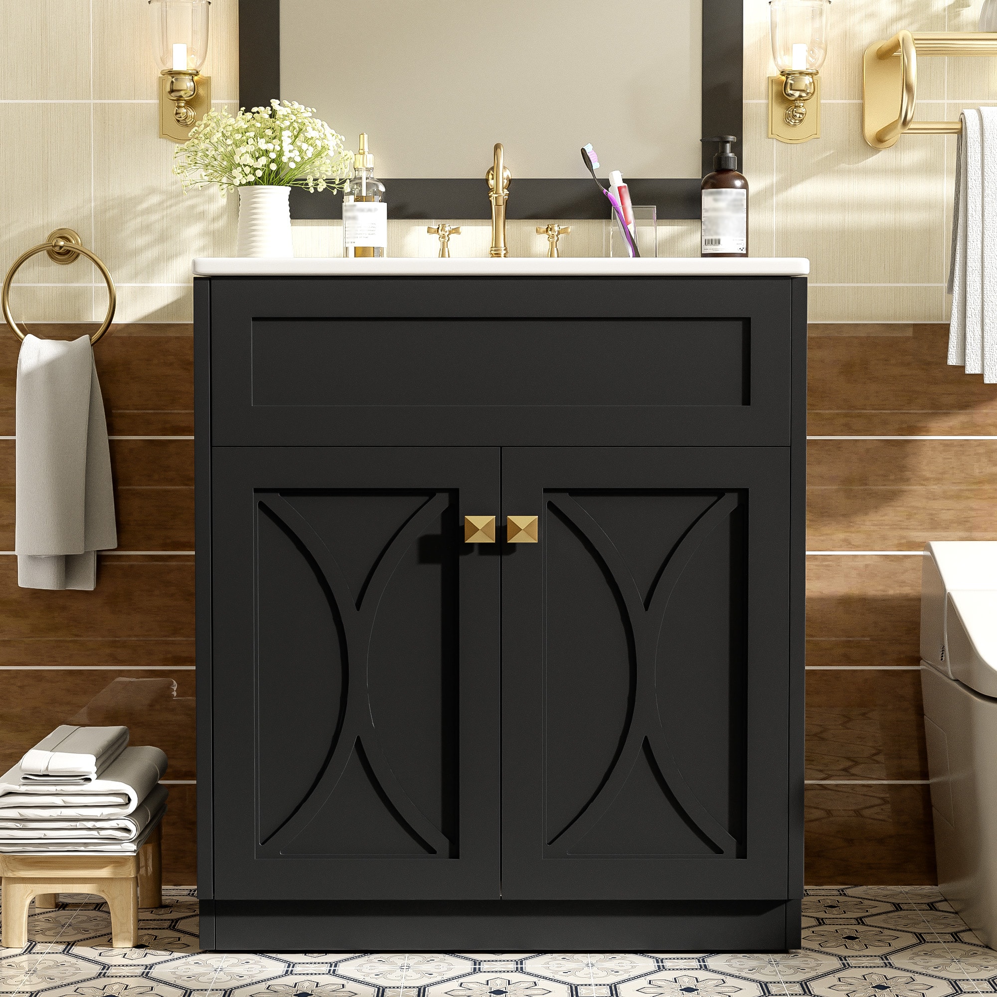 Tiramisubest - 30" Bathroom Vanity with Ceramic Sink Combo, Modern Freestanding Storage Cabinet with Gold Handles, Soft Closing Doors - Black