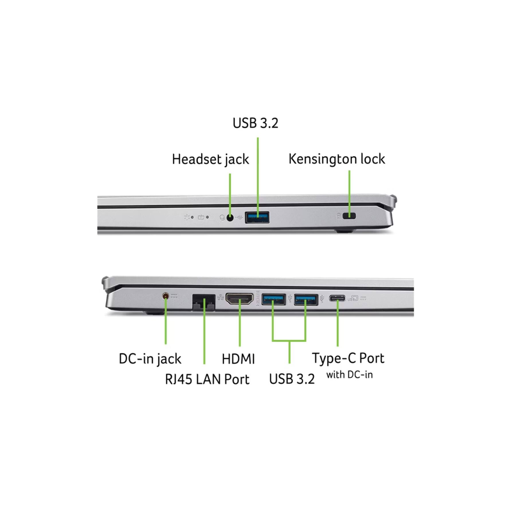 USB 3.2  
Headset jack  
Kensington lock  

DC-in jack  
HDMI  
RJ45 LAN Port  
USB 3.2 Type-C Port with DC-in