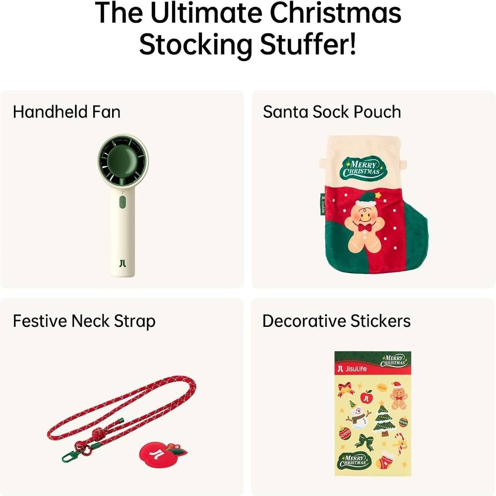The Ultimate Christmas Stocking Stuffer!  
Handheld Fan  
Santa Sock Pouch  
Festive Neck Strap  
Decorative Stickers  

MERRY CHRISTMAS  
JisuLife