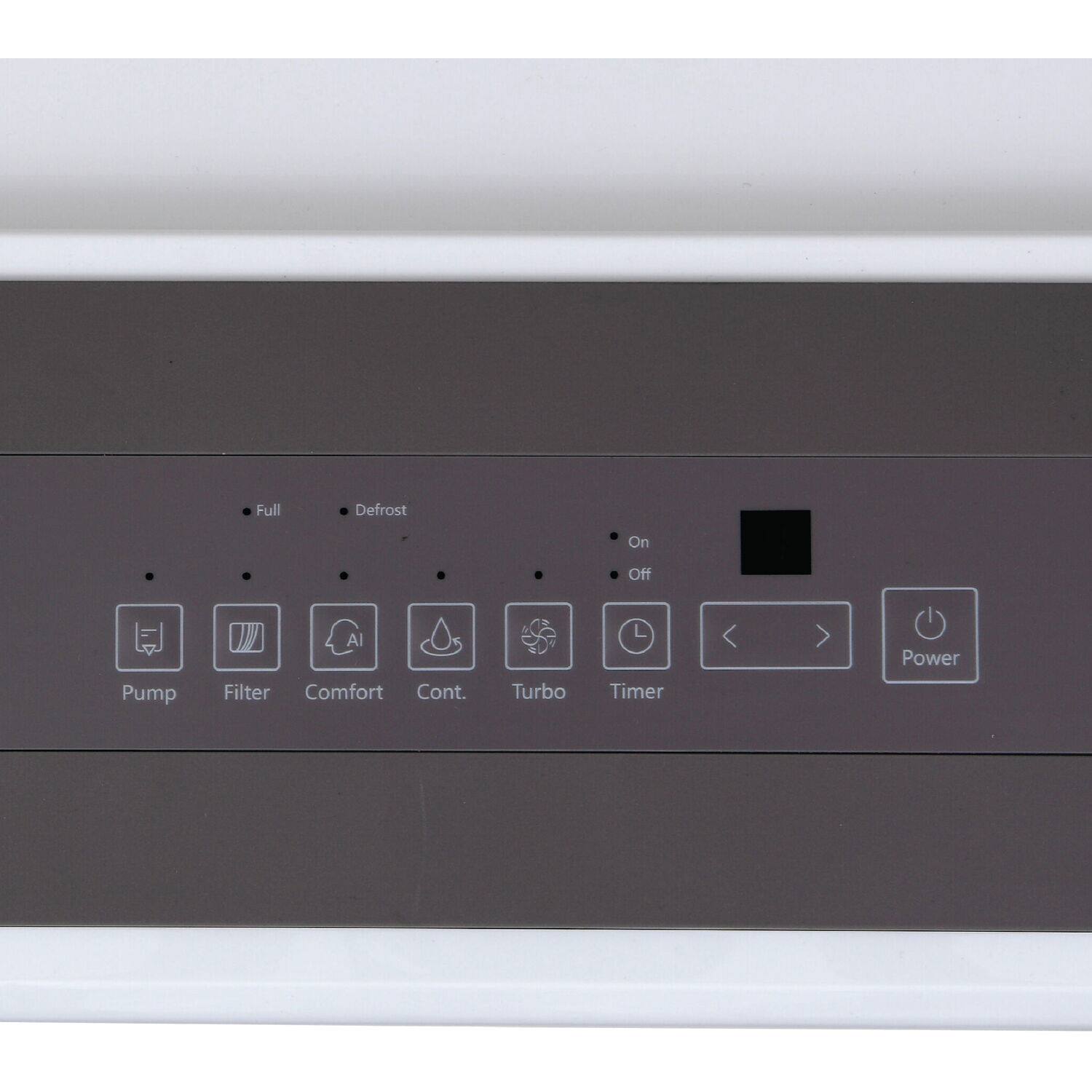 The text on the image reads: "Full Defrost On Off Pump Al Filter Comfort Cont. Turbo Timer Power."