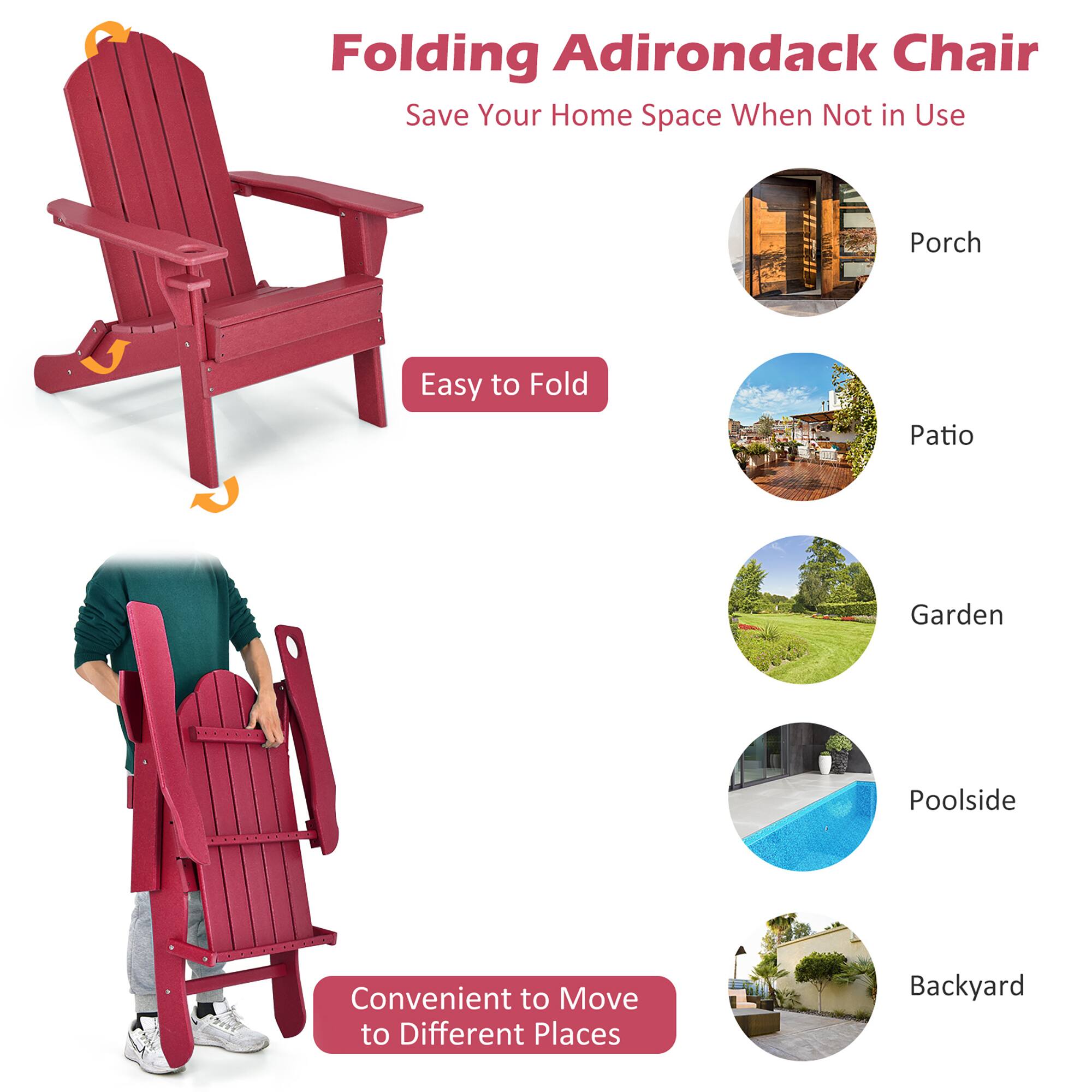 Folding Adirondack Chair, Save Your Home Space When Not in Use, Easy to Fold, Convenient to Move to Different Places, Porch, Patio, Garden, Poolside, Backyard